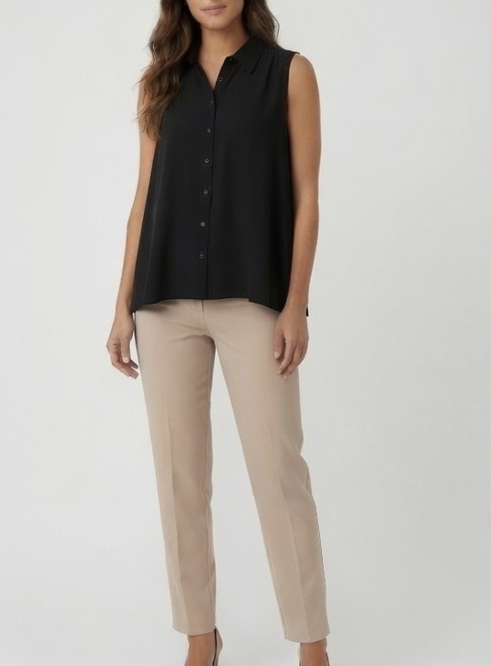 SANS SOUCI SLEEVELESS SHEER BLACK BLOUSE COLLARED NECK BUTTON FRONT TOP MEDIUM